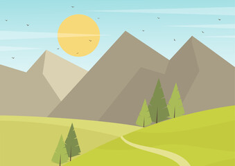 Green nature forest landscape scenery background. Skyline with spring fields flat cartoon style illustration