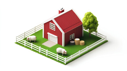 isometric illustration of 3D sheep farm house, white background