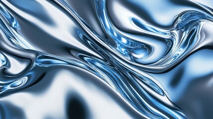 Liquid metal gradient with molten silver and blue chrome reflections for modern abstract background design