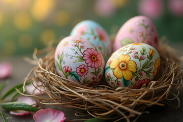 Fototapeta premium Floral Painted Easter Eggs Nest Display with Colorful Background and Petals