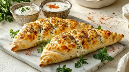 Baked dough delight filled with savory cheese and vibrant herbs on a marble board culinary excellence