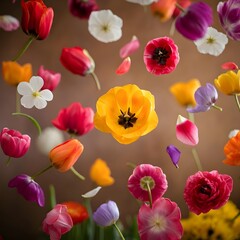 Fototapeta premium flowers cascading down, flowers cascading ai generated, colorful flowers falling ai generated, ai generated flowers petals falling, spring flowers ai generated, best selling, welcome spring