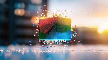 Abstract cube with colorful data graph, levitating above a reflective surface, against a city backdrop.
