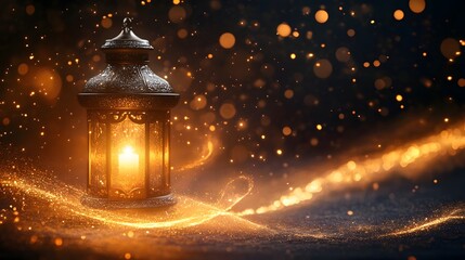 Glowing Lantern in Snowy Winter Wonderland with Sparkling Fairy Lights