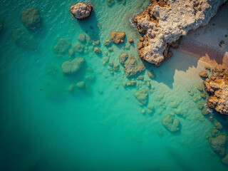 Vista aérea de praia tropical com águas verdes Pedras e ondas