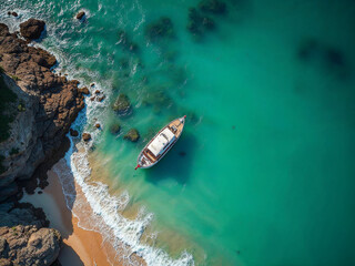 Vista aérea de praia tropical com águas verdes Pedras e ondas