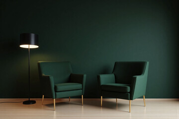 green chair sitting in front of a green wall