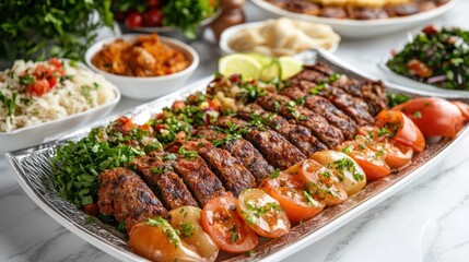 Delicious Middle Eastern Kebab Feast featuring Grilled Meat Salad Rice and Fresh Vegetables on a Silver Platter in Bright Studio Lighting