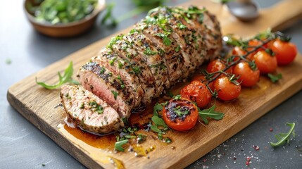 Juicy Pork Tenderloin Roast Garnished with Fresh Herbs and Roasted Tomatoes on Wooden Cutting Board