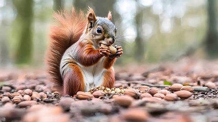 Obraz premium Adorable Red Squirrel Eating Peanut in Forest