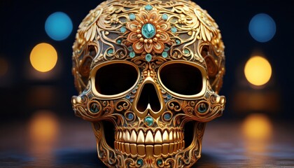 Obraz premium A hyper-realistic golden sugar skull adorned with intricate carvings and shimmering gemstone eyes — blending luxury, tradition, and the spirit of Día de los Muertos. 