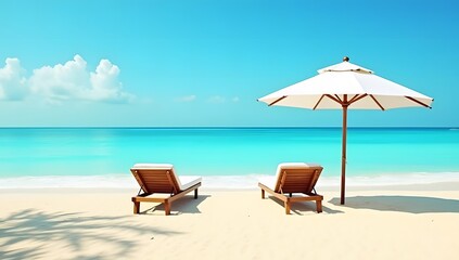 Scenic Oceanfront Relaxation with Two Wooden Lounge Chairs on Sand