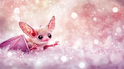 Obraz premium Adorable baby bat nestled in snow, sparkling bokeh background.