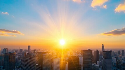 Fototapeta premium Economic growth investment GDP expansion A breathtaking sunrise over a city skyline, illuminating the buildings and creating a vibrant atmosphere filled with hope and new beginnings.