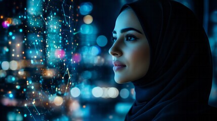 Woman in hijab contemplates city lights and futuristic technology