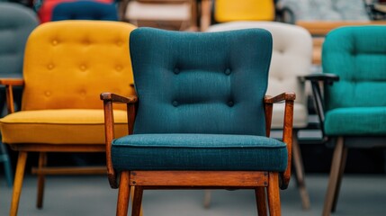 Secondhand furniture restoration stalls Concept, Stylish Secondhand Armchairs with Reupholstered Cushions for Modern Home Decor and Vintage Aesthetic