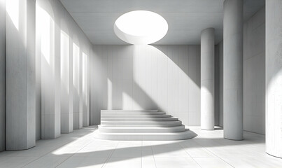 Obraz premium Modern minimalist white hall, circular skylight, sunlight, steps, architecture design
