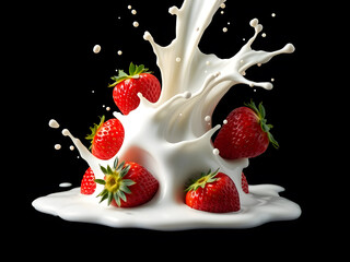 Strawberries Splashing in Milk on a Black Background