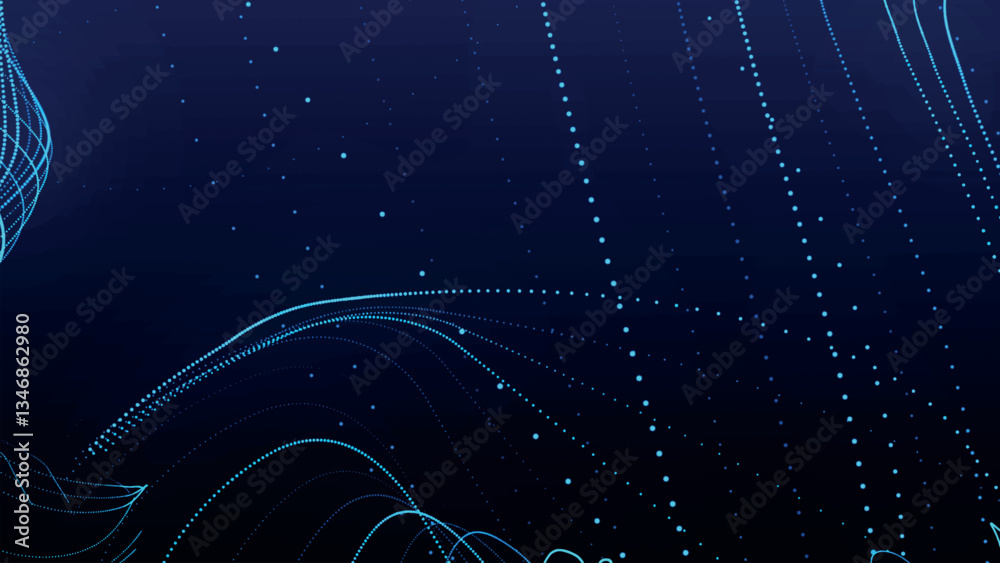 Poster dynamic wave of glowing particles. abstract dotted lines on dark background. chaotic colored lines. 