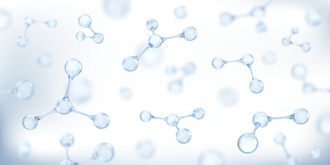 Molecules or atoms on light blue background. Concept of biochemical, pharmaceutical, beauty, medical. Science or medical background. Vector 3d illustration