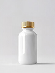 A clean and minimalistic image of a white bottle with a golden cape. The sleek design and grey background highlight the modern and elegant appeal of the container, ideal for branding.