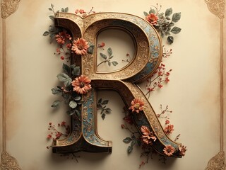Ornate Letter R with Floral Gold Detailing and Luxury Aesthetics