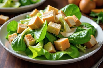 Crisp & Creamy Caesar Salad Featuring Fresh, Crisp Romaine Lettuce Leaves, Golden Crunchy Croutons, And Finely Grated Parmesan Cheese