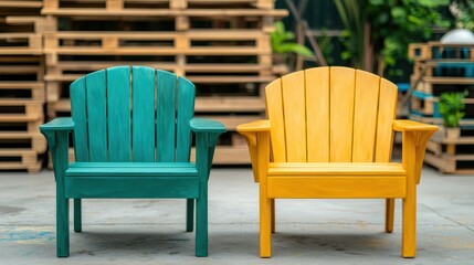 Secondhand furniture restoration stalls Concept, Vintage Garden Furniture Sets: Brightly Repainted Green and Yellow Adirondack Chairs for Stylish Outdoor Seating