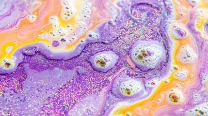 Abstract Colorful Liquid Swirls Featuring Bubbles and Shimmering Glitter in Vibrant Textures