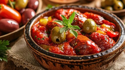 Stuffed peppers in rustic bowl vibrant colors artistic composition healthy food mediterranean cuisine