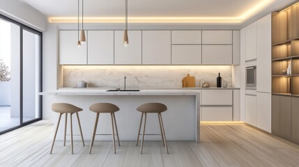 Modern Minimalist Kitchen Design:  Elegant White and Wood Accents