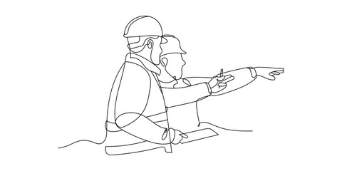 Continuous line drawing of project workers and construction activities. Hand drawn single line vector illustration