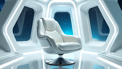 Empty chair and white interior of a futuristic Spaceship. 