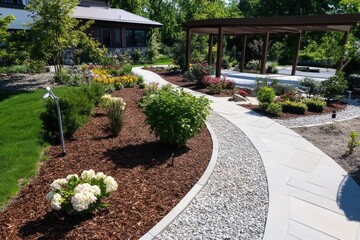 A vibrant garden scene showcasing a beautifully curved pathway lined with colorful flowers and greenery, creating a joyful and lively atmosphere for outdoor enjoyment.