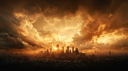 Fototapeta premium dramatic sunset casts golden light over city skyline, with rolling clouds creating striking contrast