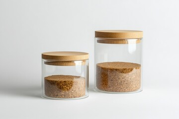 Minimalist glass jars with wooden lids containing brown fillers against a clean white background