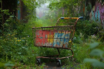 A rusty, paint-splattered shopping cart abandoned in overgrown nature, near graffiti.