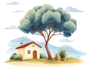 Cottage for Tree, Mountain Landscape Illustration.