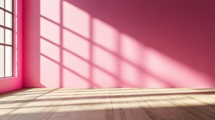 Sunlight Streaming Through a Large Window Casting Intriguing Shadows on a Pink Wall and Light Brown Wood Floor in an Empty Room Interior Space