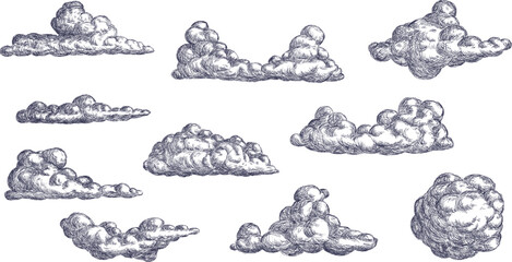 Clouds different form in hand drawn sketch style. Set of design elements for print. Vintage monochrome vector illustration.