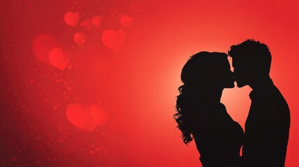 Romantic silhouette of a couple kissing against a vibrant red background filled with heart shapes and sparkles