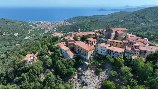 Aerial view of Marciana Marina from the village of Poggio, a hamlet of the municipality of Marciana on the island of Elba, Tuscany, Italy