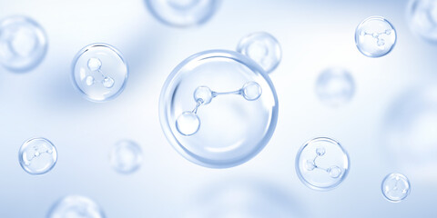 Molecule inside bubble on blue background. Collagen serum drops. Cosmetic essence. Concept skin care cosmetics solution. Vector illustration