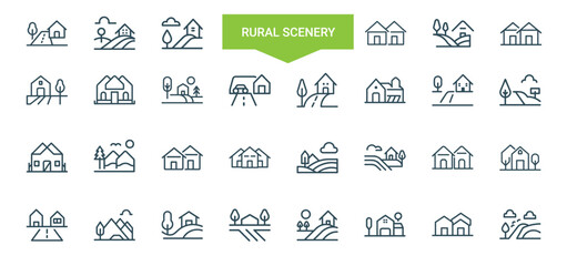 rural scenery landmarks houses landscapes line art icons, Architecture Environment Travel Tourism