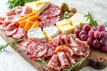 Artistic Arrangement of Cheese, Salami, and Grapes on a Rustic Wooden Board for Sharing Platter