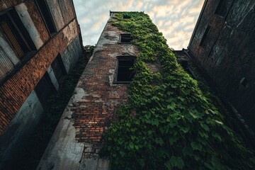 Ivy-covered brick building, decaying but beautiful, showing signs of age and neglect.