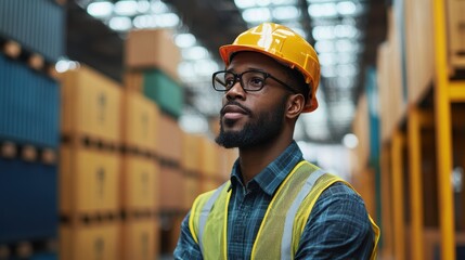 logistics coordinator wearing yellow hard hat and safety vest, thoughtfully observing warehouse environment filled with stacked containers. atmosphere reflects focus and professionalism