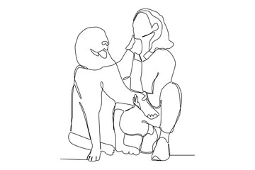 One Line Drawing of a Mother and his pet animal sharing a Joyful moment.