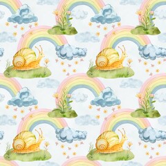 Naklejka premium Beautiful illustrations of a magical forest with a little turtle cute snails, flowers, clearings good will decorate children's textiles, wallpaper, wrapping paper, postcards and much more. 