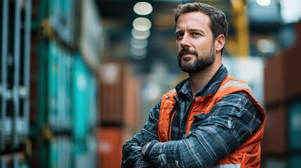 logistics coordinator stands confidently in warehouse, wearing orange safety vest and plaid shirt. background features stacked containers, highlighting busy work environment